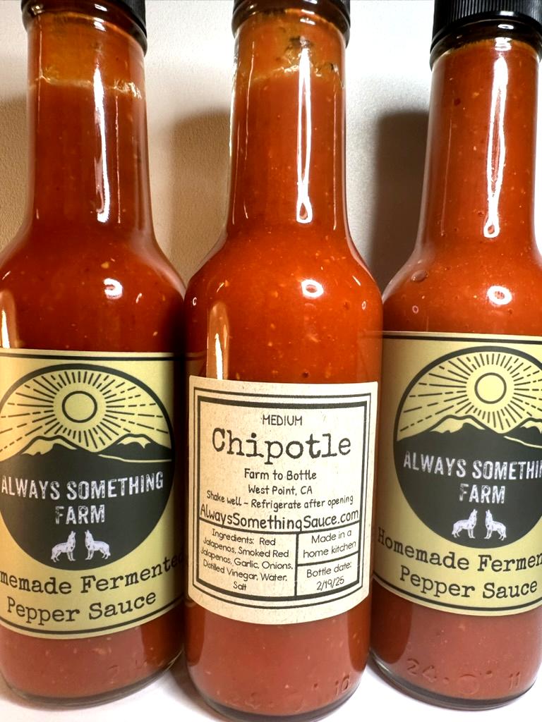 Chipotle fermented hot sauce bottle from Always Something Farm