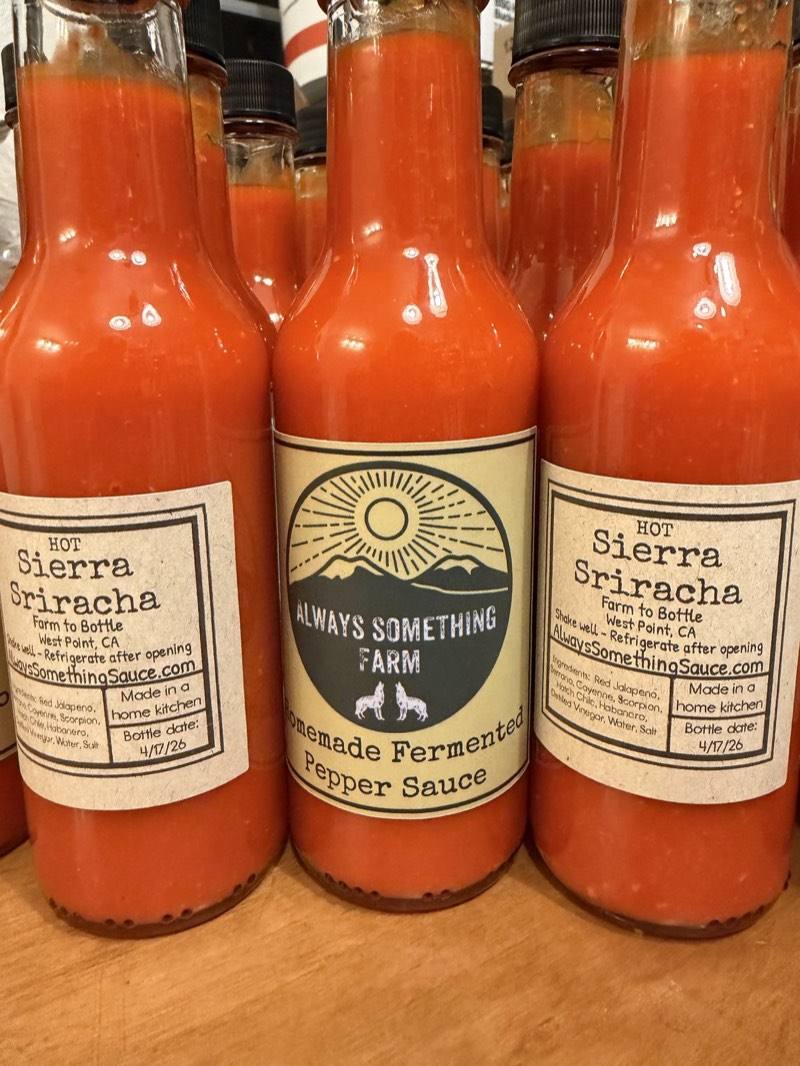 Sierra Sriracha fermented red jalapeño hot sauce bottle, Always Something Farm