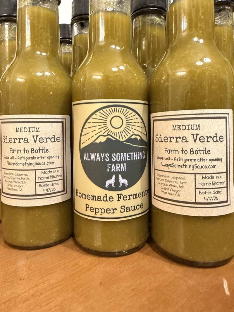 Sierra Verde green chile fermented hot sauce bottle, Always Something Farm